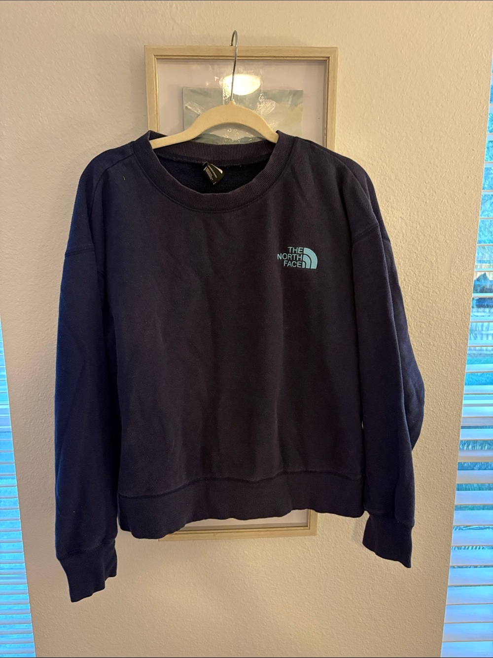 The North Face Women's Dark Navy Crewneck Sweatshirt with Light Blue Logo